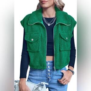 Emerald Green Sherpa Zip Cargo Pocket Vest- Size XXL